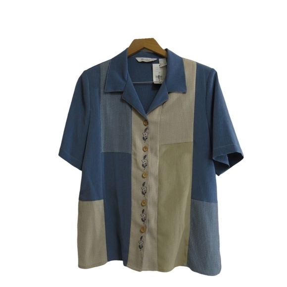 TanJay Blue and Beige Patchwork Blouse Size 12 - Picture 1 of 8